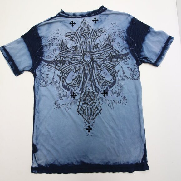 Affliction T-Shirt XL Blue Dye V Neck Ribbed Felt Detail Cross Cyber Goth Grunge - Picture 12 of 16
